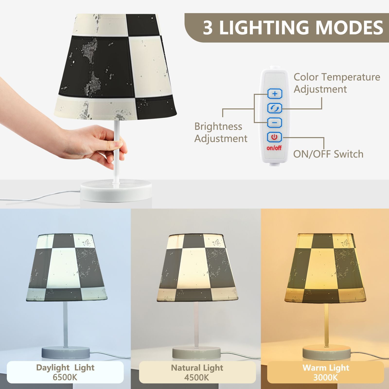 Checkerboard Pattern Desk Lamp 3 Color Modes LED Table Lamp Nightstand Reading Light for Bedroom Living Room