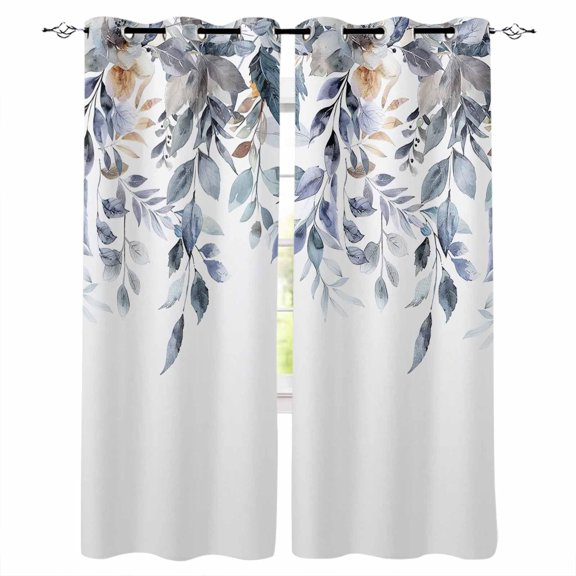 Hokiten Blue Grey Christmas Blackout Curtains | Light Blocking Print Window Curtains, Xmas Botanical Eucalyptus Leaves Thermal Insulated Window Drapes for Living Room Kitchen (2 Panels, 84"W x 84"L)