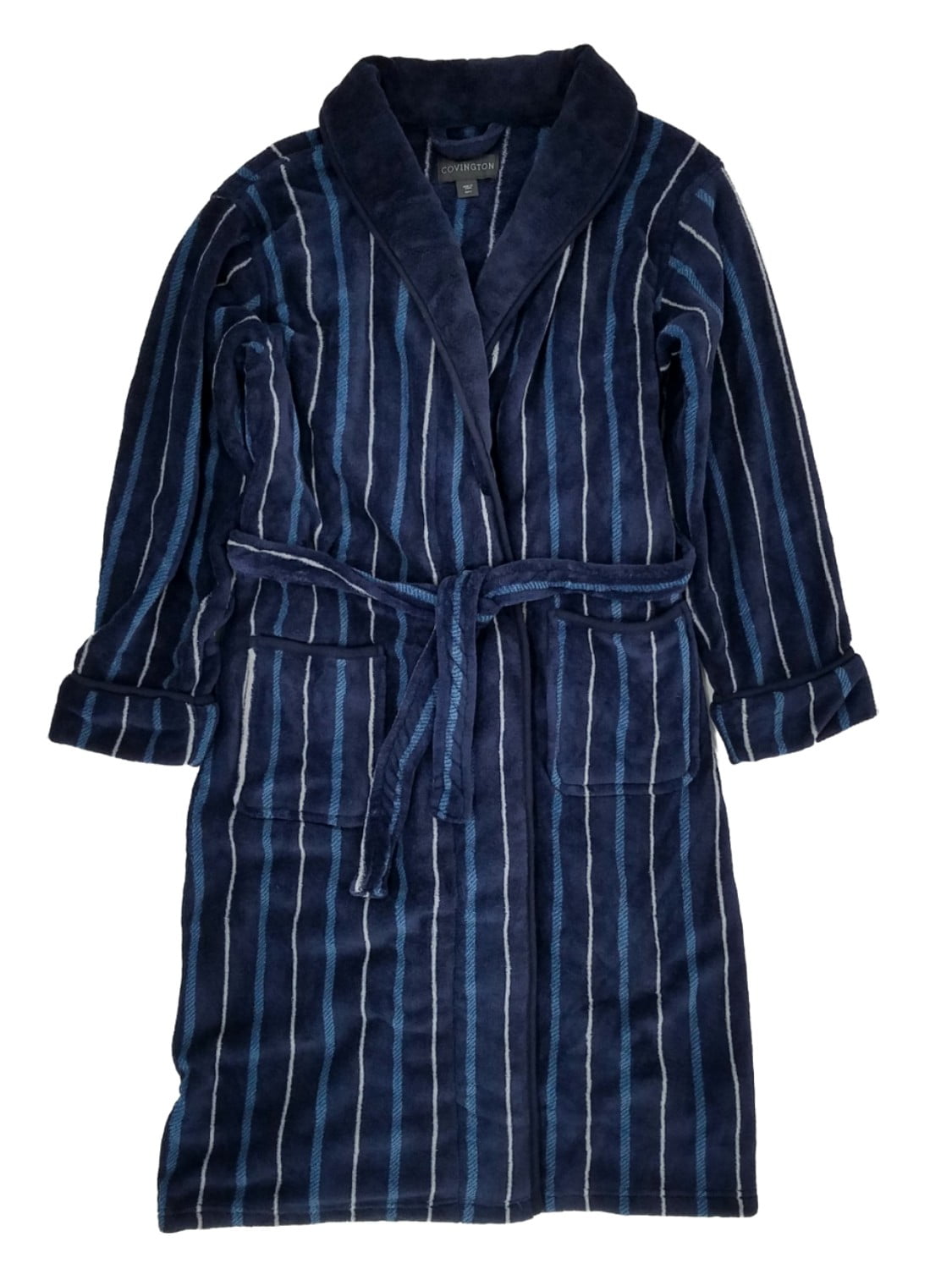 Covington Mens Navy Blue Striped Plush Robe Housecoat Bath Robe OSFM