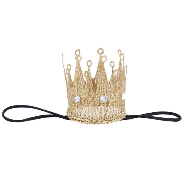 Shisuyan Crowns Crown Headband Golden Rhinestones Fabric 1Pack 2.5X2.4In. A golden fabric crown headband adorned with rhinestones, featuring an elastic band for a secure and comfortable fit. Suitable for babies, children, and adults, it is perfect for baby photography, birthdays, baby showers, and other celebrations.