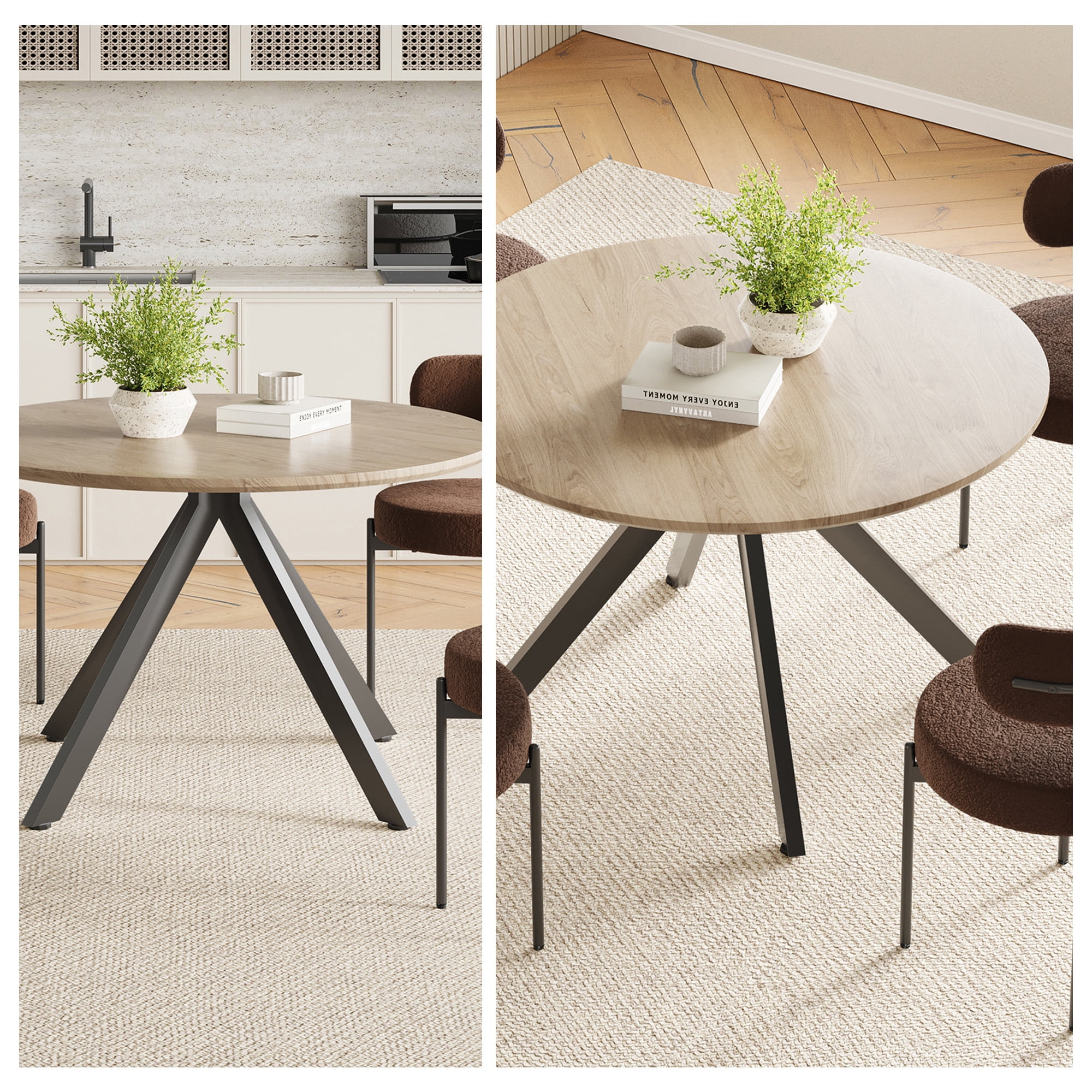 MAYEERTY 47"Round Wooden Dining Table, Metal Frame, Fits 4-6,for Kitchen, Dining, Living Room, Brown