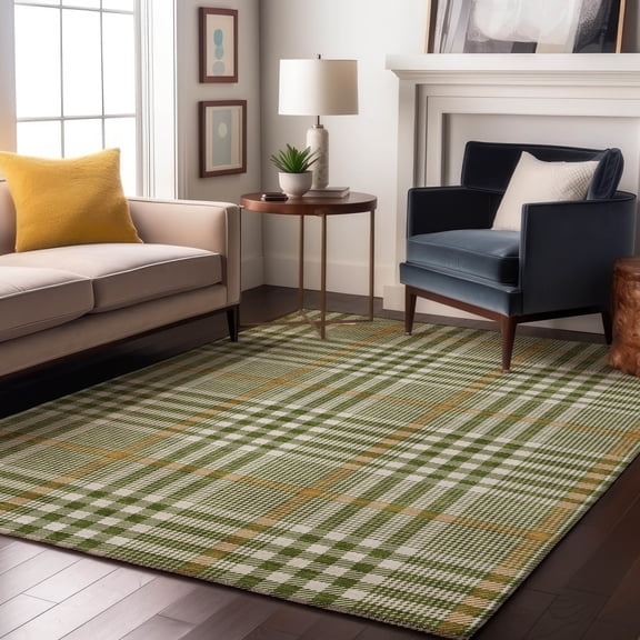 Addison Rugs Mayfield Premium Machine Washable Transitional Plaid Olive Rectangle Rug, 10' x 14'