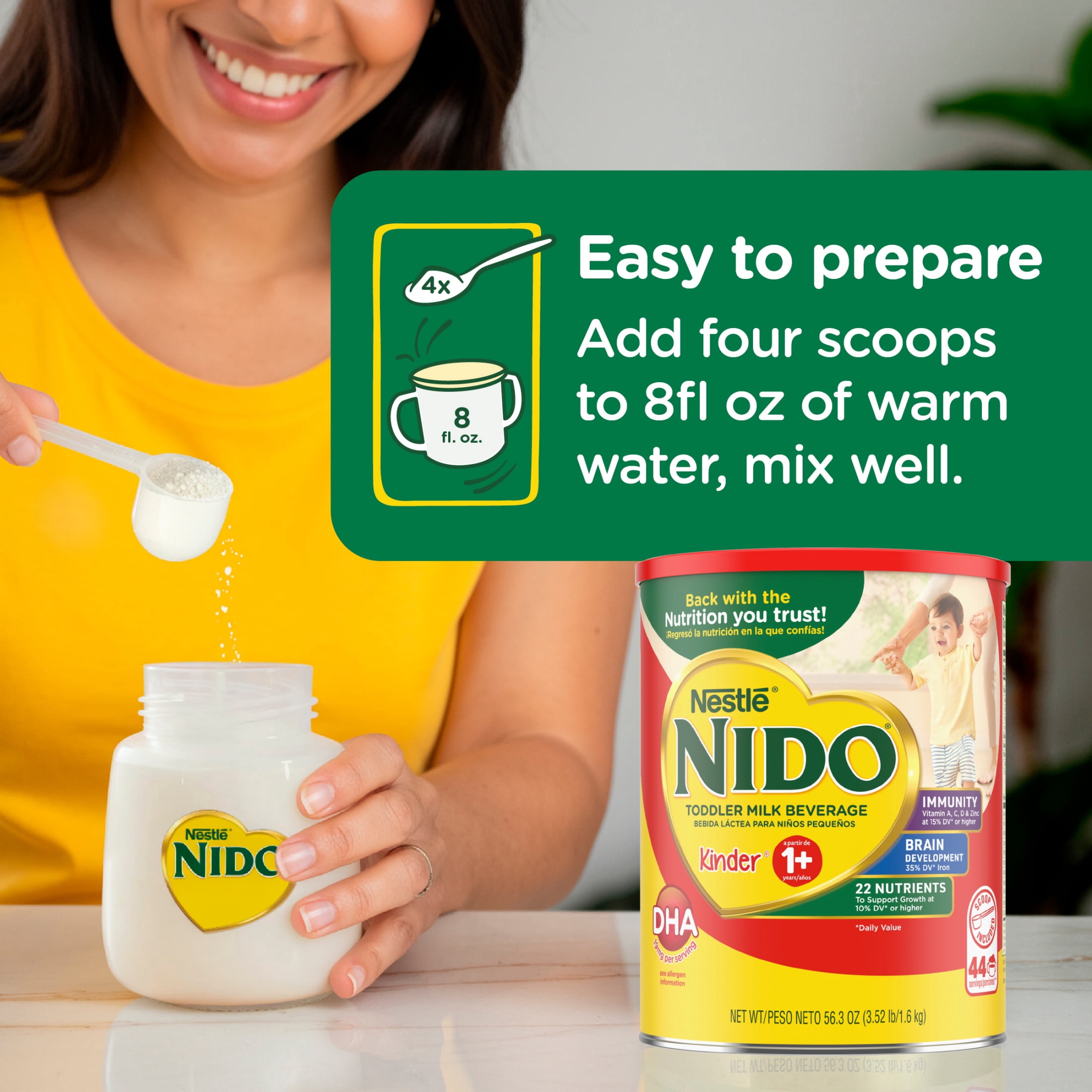 NIDO Kinder 1+ Powder Beverage Mix, Immunity Toddler Milk with Vitamins A, C, D, Iron to Support Growth, 56.3 oz Canister