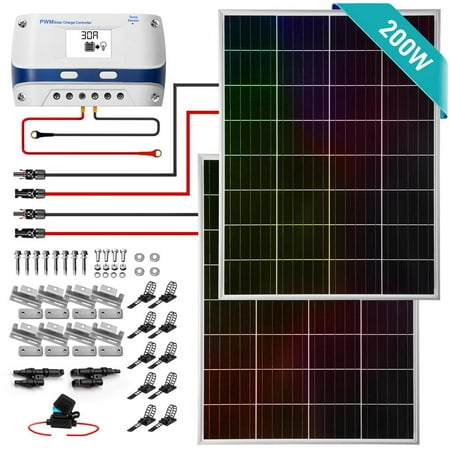 

SereneLife 200w Solar Panel Starter Kit 2pc 100w Mono Solar Cells Set Grade A Monocrystalline Panels and 30A PWM Controller w/ LCD Screen Generates 10.2 amp Power Charges 12/24 Volt Battery