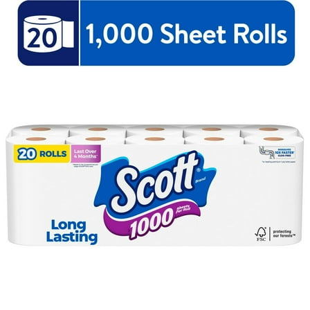 Scott 1000 Toilet Paper, 20 Rolls, 1,000 Sheets Per Roll
