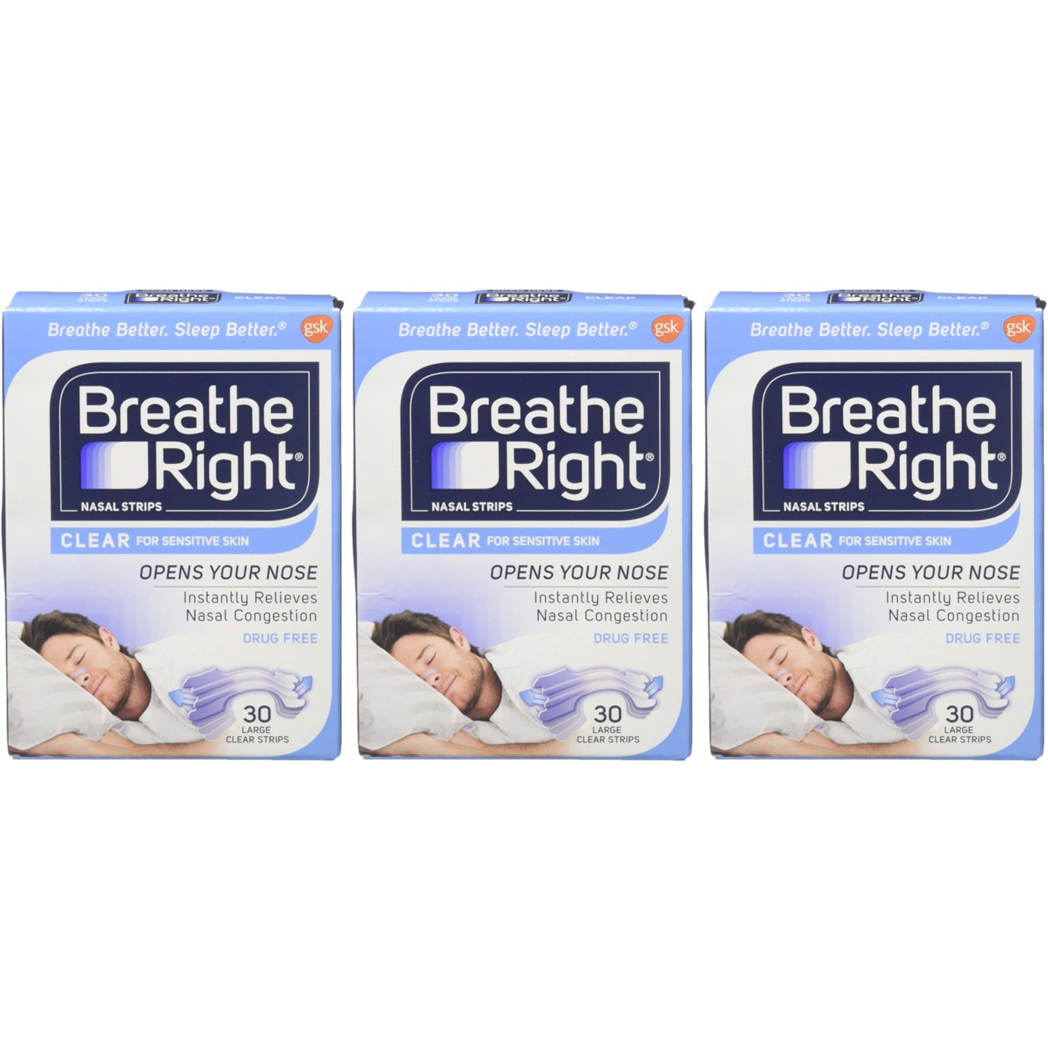 3 Pack Breathe Right Nasal Strips For Sensitive Skin 30 Large Clear