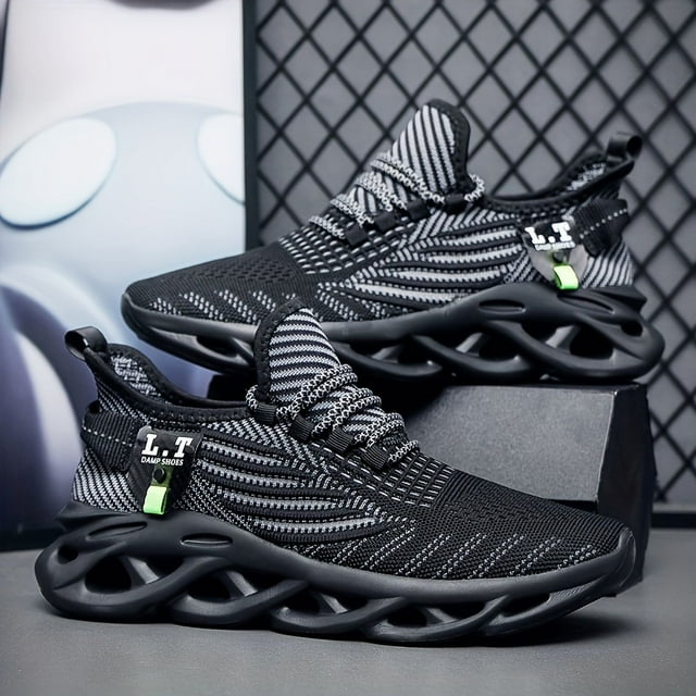 Plus Size Mens Shock Absorbing Blade Type Running Shoes - Breathable, Non-Slip, Lace Up, EVA Insole, Geometric Pattern, Round Toe, Fabric Upper - Ideal for Jogging, Walking, Fall, Spring, Summer Seaso