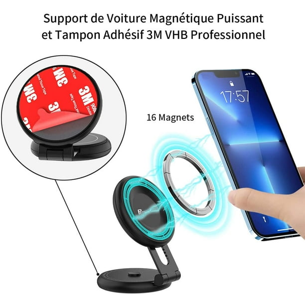 Support Magnétique Pliable pour Téléphone Voiture - Universel - Base 360° -  Compatible avec iPhone/Samsung - Tous Smartphones