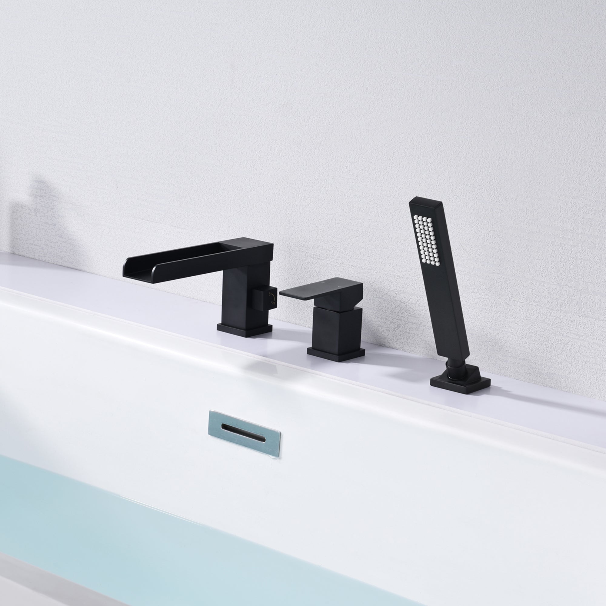 SUMERAIN 3 Hole Black Waterfall Roman Tub Faucet, Deck Mount Tub Filler with Hand Shower