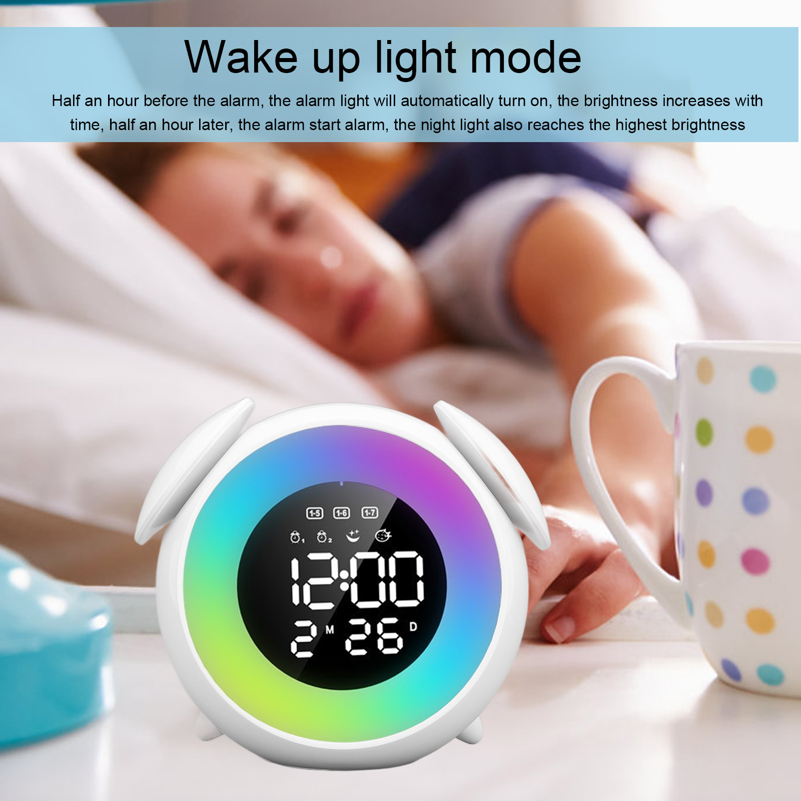NFTIGB Wake Up Light Alarm Clock, Colorful RGB Bedside Digital LED Clock with Music, Rechargeable Smart Sound Machine for Bedroom, 6.69 inches / 17 cm, Multicolor