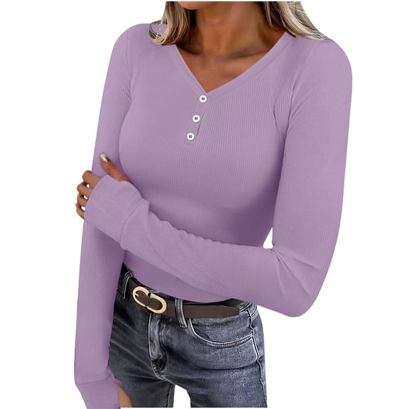 Atogsazn Women's V Neck Blouse Casual Button Ribbed Knit Thermal Underwear Tunic Tops Pullover Sweater Clothing 02-Purple L Fashion