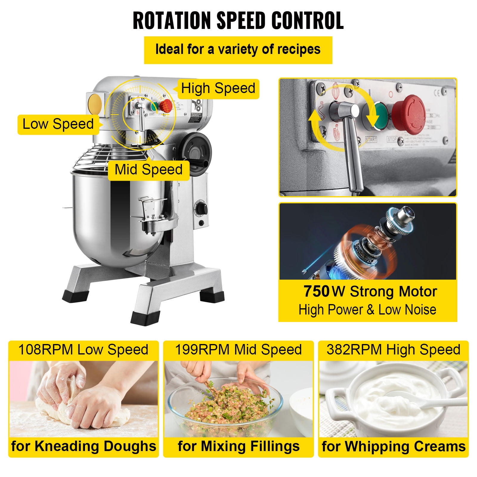 KFFKFF Commercial Stand Mixer, 20Qt Capacity with Timer Feature, 750W Stainless Steel Container Robust Electric Culinary Mixer with 3 Speed Settings 108/199/382 RPM, Includes Dough Hook and Whisk