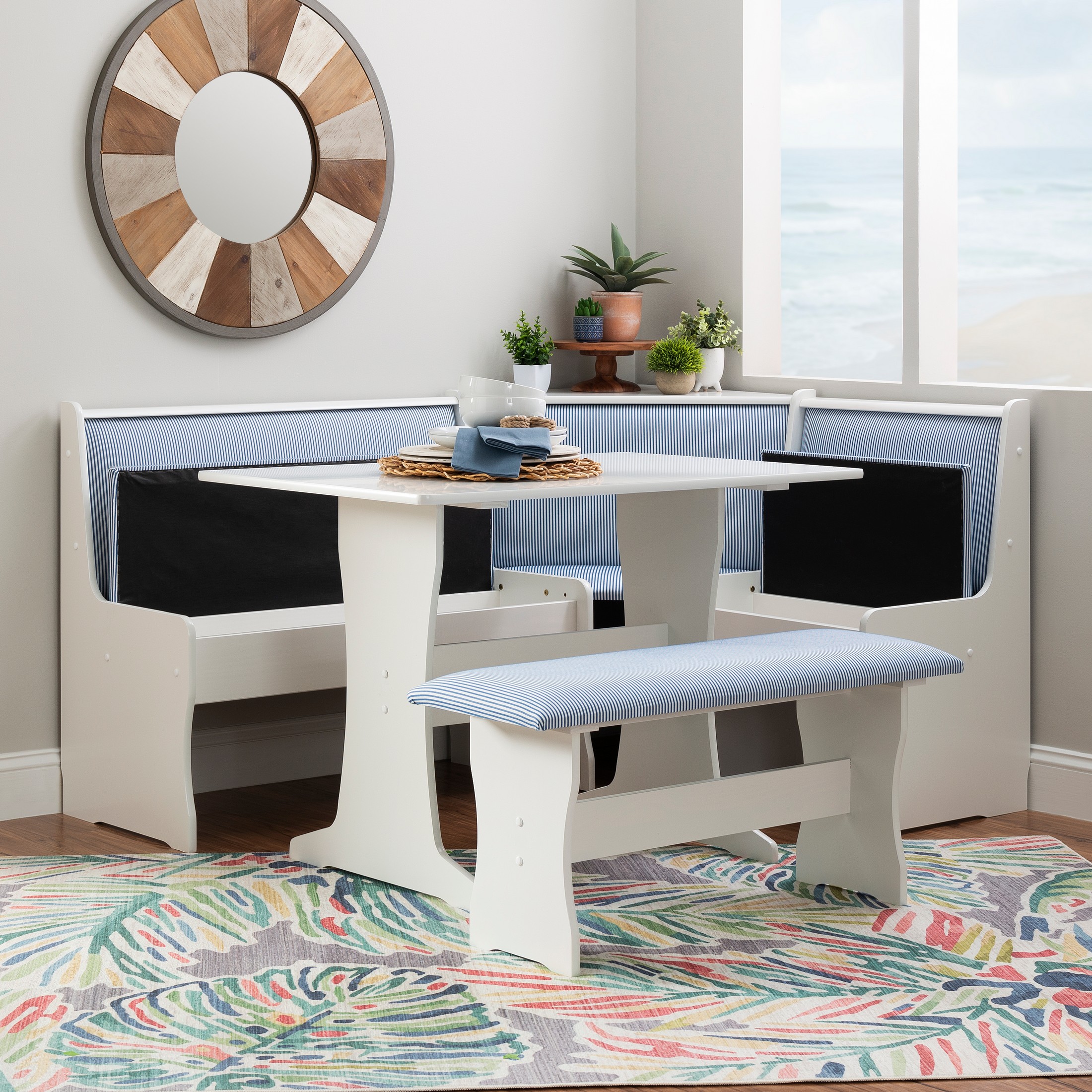 Linon Stella Corner Dining Breakfast Nook with Storage, Table and Bench, Seats 5, White with White and Striped Blue Fabric - image 3 of 28