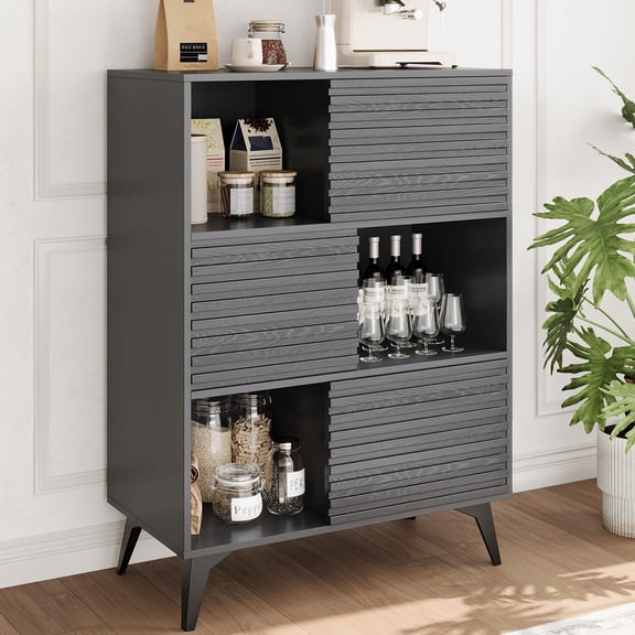 31 Inch Fluted Buffet Storage Cabinet, Modern Wooden Sideboard Cabinet with Sliding Doors & Metal Base, Accent Cabinet Sideboard for Dining Room Black