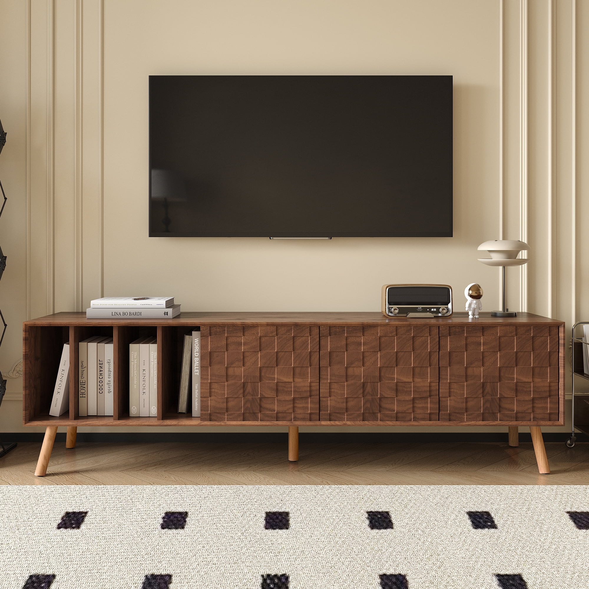 Euroco 70" Mid-Century Modern TV Stand, Media Console Table for TVs up to 80'', Entertainment Center with 5 Solid Wood Legs for Living Room, Bedroom