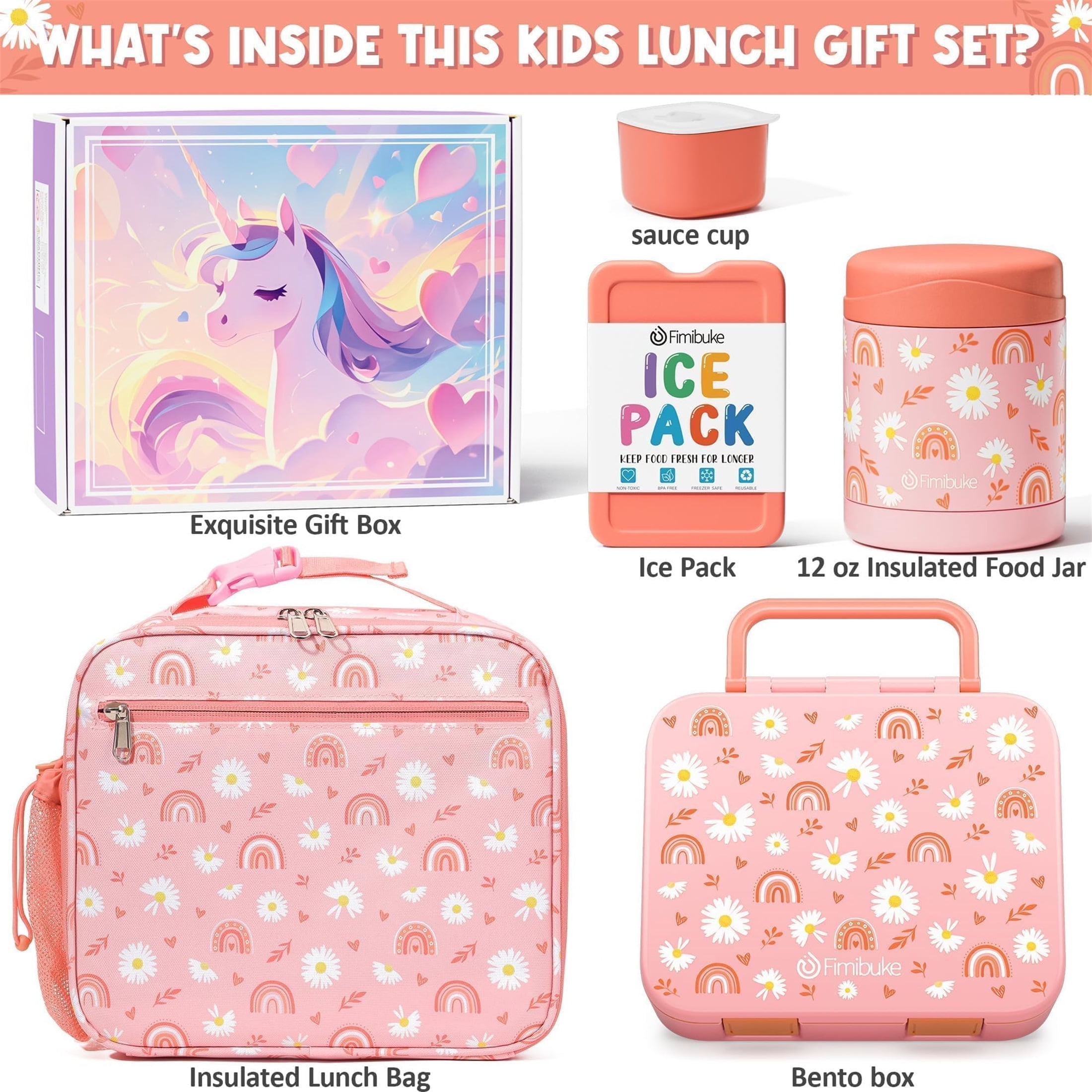 Bento Lunch Box 3-Compartment 32OZ Snack Lunch Container, Lunch Bag, 12OZ Insulated Food Jar & Ice Pack Set for School, Work, Travel, or Picnic (Daisy Rainbow)
