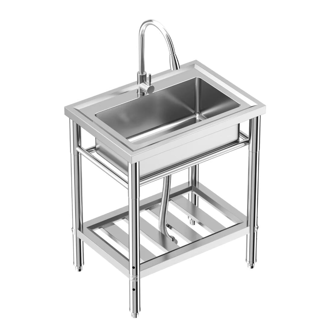 Kitchen Sink Utility Sink Commercial Stainless Steel Freestanding Sink w/Faucet, Hot & Cold Hoses, Single Bowl, NSF Certificated, for Restaurant, Laundry, Garage, Workshop Sink