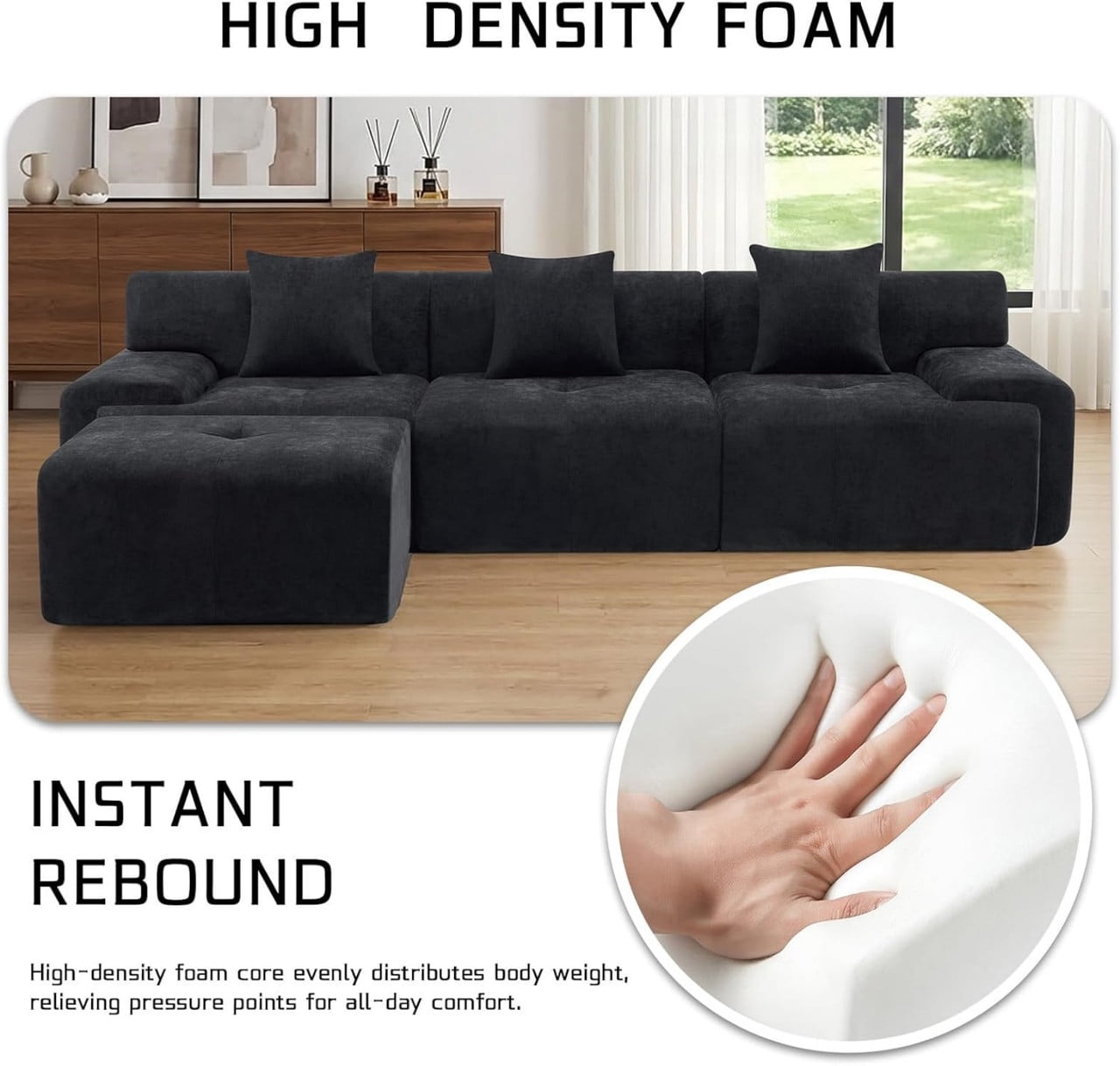 L-Shaped Modular Sectional Sofa with Ottoman, Comfy Boneless Sofa Cloud Couch with Deep Seat, Chenille Sofa Couch for Bedroom Living Room
