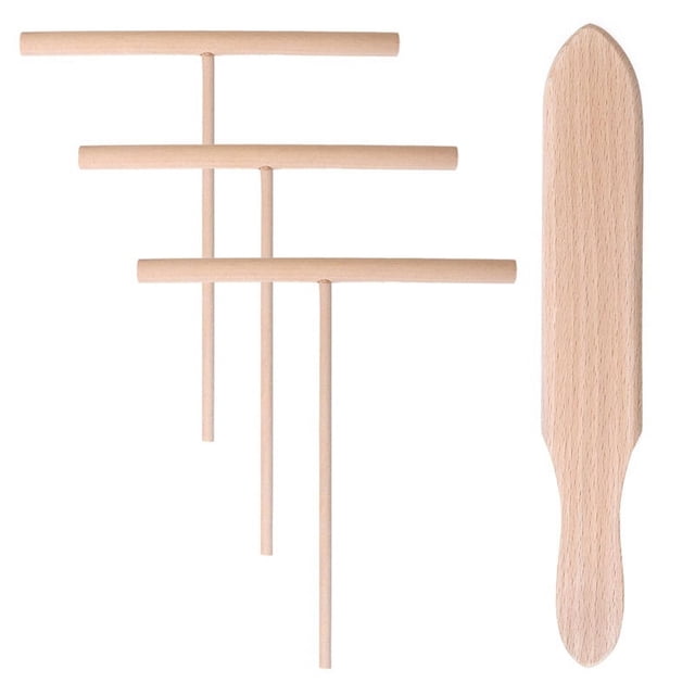 Juego de espátulas de madera con forma de T para esparcir la masa de panqueques, 4 utensilios de cocina uniformes para hacer crepes