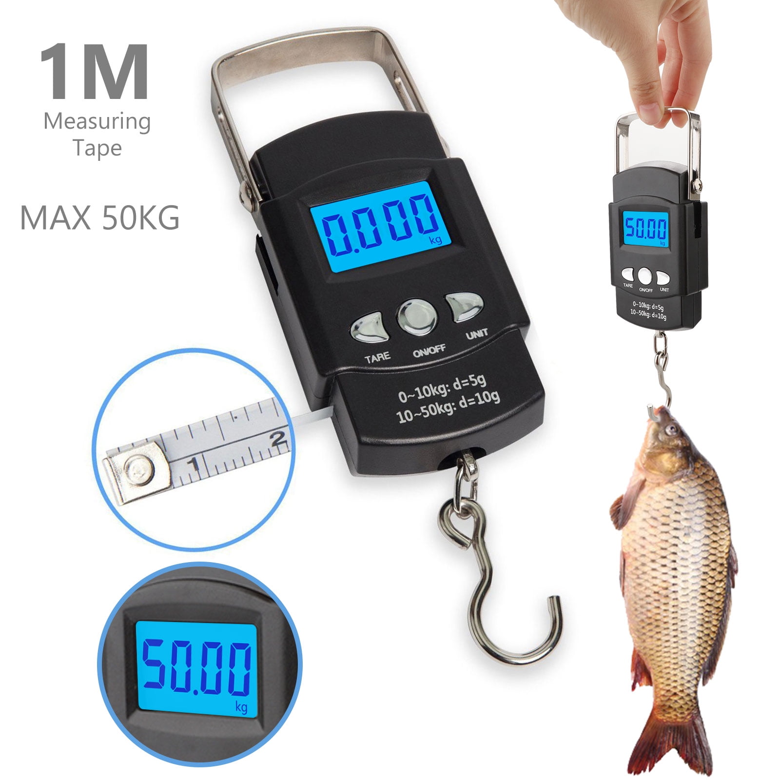 Poratble Digital Scale Backlit LED Display Fishing Scales w/ 1M Measuring Tape 