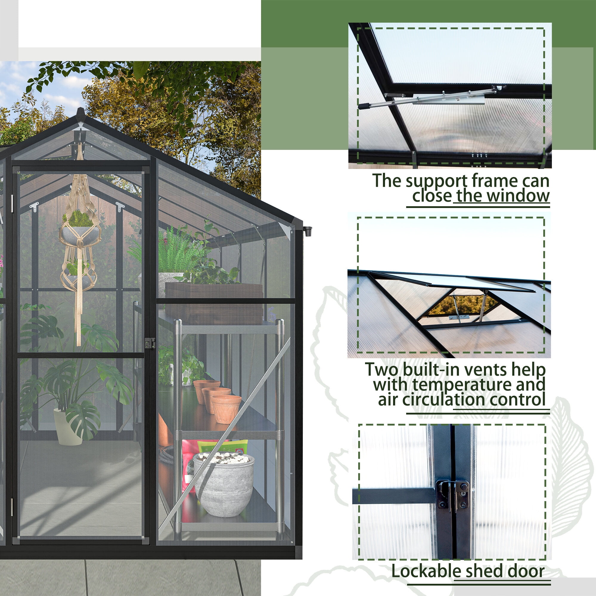 Outdoor Storage Shed 6x8 FT Greenhouse for Outdoors, Polycarbonate Greenhouse with Quick Setup Structure and Roof Vent, Aluminum Large Walk-in Greenhouse for Outside Garden Backyard, Black,Small Stor