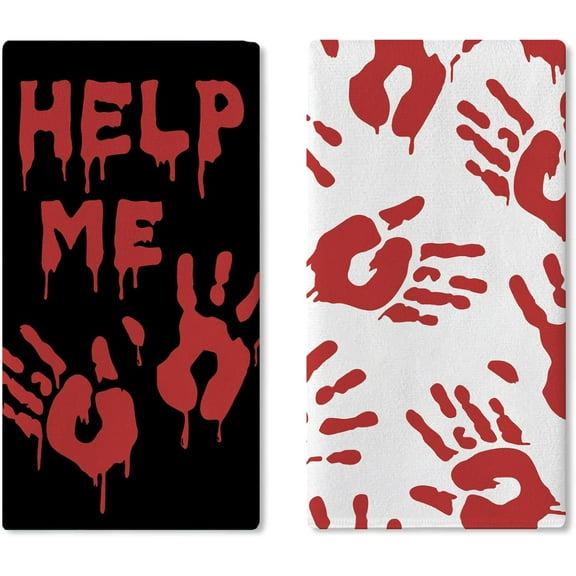 Halloween Bloody Hand Prints Kitchen Dish Towels Set of 2, Red White Horror Scary Help Me Run Drying Hand Towel Baking Cooking Cloth, Creepy Home Decoration 18 x 26 Inches