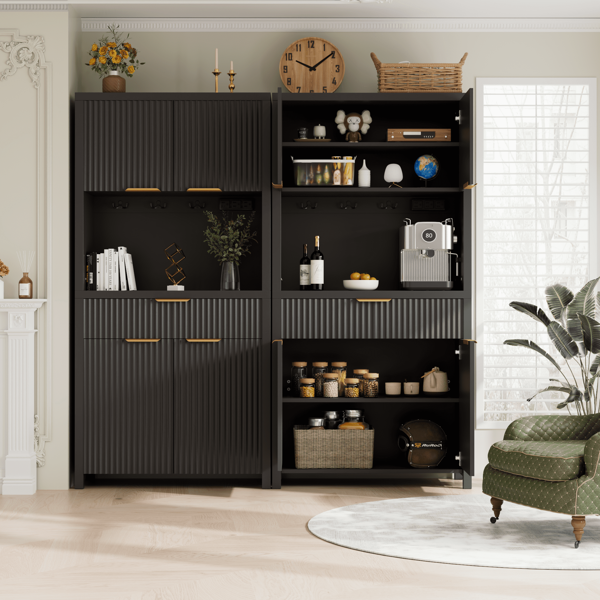 Aufeile Fluted Kitchen Pantry Storage Cabinet, 71" Tall Wood Pantry Hutch with 2 Adjustable Shelves & Drawer & Charging Station for Dining Room Hallway Living Room, Black