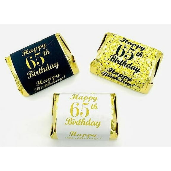 65th Birthday Nuggets Labels, Chocolate Candy Wrapper, (Set of 90) Candy Stickers; 3 Designs: 30 Gold, 30 Black, 30 White, Candy Not Included
