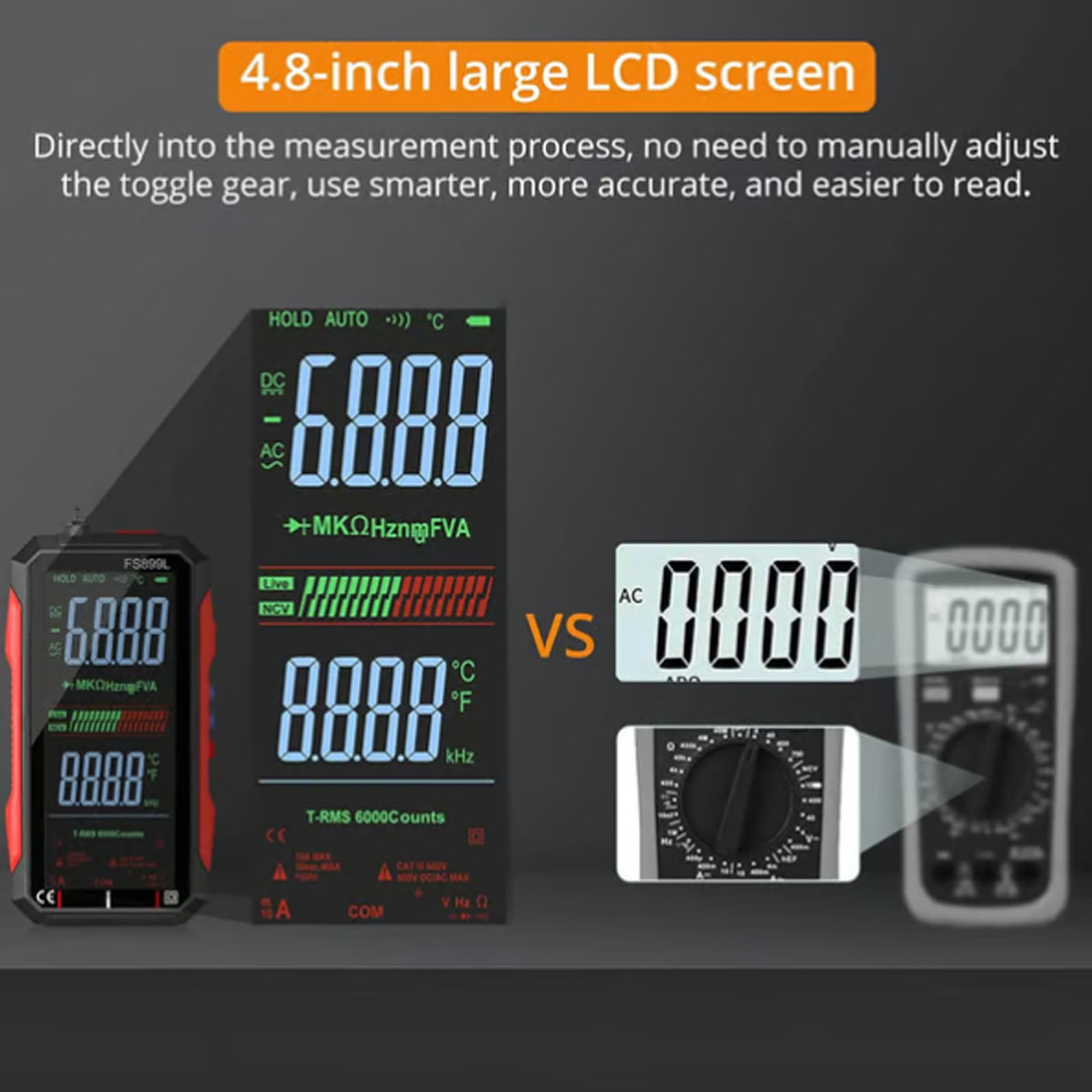 True RMS 6000-Count Digital Voltmeter, FS899L Digital Multimeter USB Rechargeable with Color Screen, Smart Auto-Ranging Electrical Tester for Home, Industrial & Car Electrical Testing