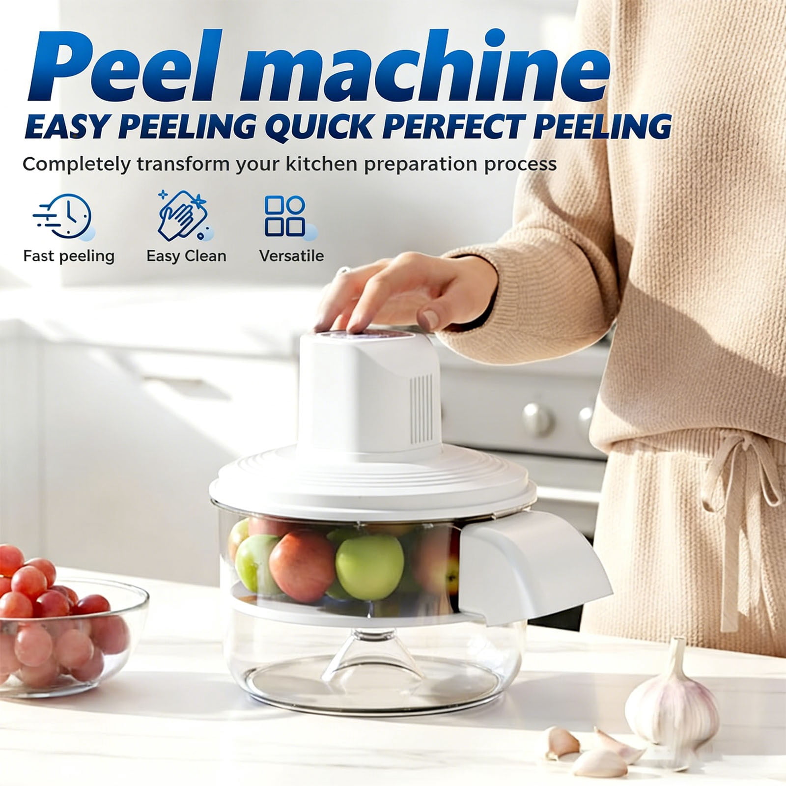 2 in 1 Automatic Peeling Machine, Durable Electric Potato Peeler, Grape & Garlic Peeler Machine Rechargeable Wireless Fruit & Veggie Peeler for Home Kitchen, 1Pc, Easy to Clean(Blue,11.5x11.5x11")