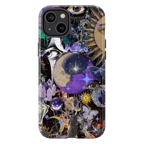 Celestial Galaxy Phone Case, Moon & Stars Cosmic Butterfly Collage Protective Cover for iPhone 16 15 14 13 12 11 Pro Max Plus Mini