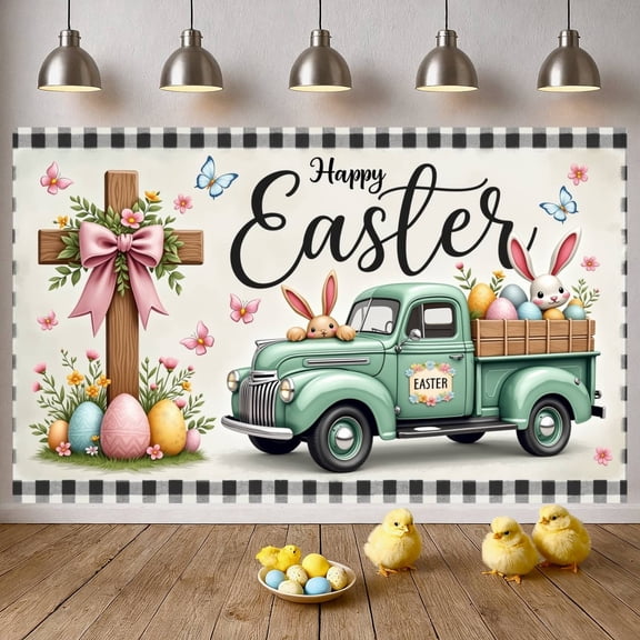 Colorful Eggs Happy Easter Banner Butterflies Easter Display Vintage Truck Wooden Cross Easter Backdrop for Easter Party Church Event Spring Celebration
