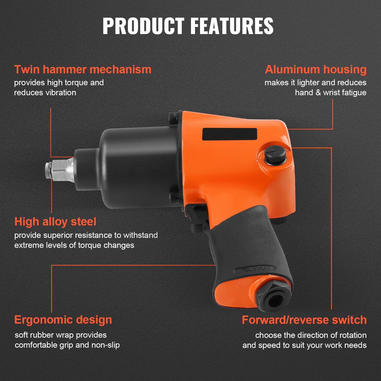KFFKFF Air Impact Wrench, 1/2" Drive Air Impact Gun Up to 880ft-lbs Nut-busting Torque, 7500RPM Lightweight Pneumatic Tool for Auto Repairs and Maintenance