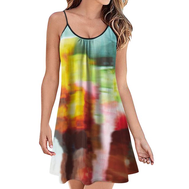 Vestido sin mangas informal de verano para mujer, vestido suelto con tiras redondas, vestido de playa, vestidos bohemios Pompotops ghjkhdj3242