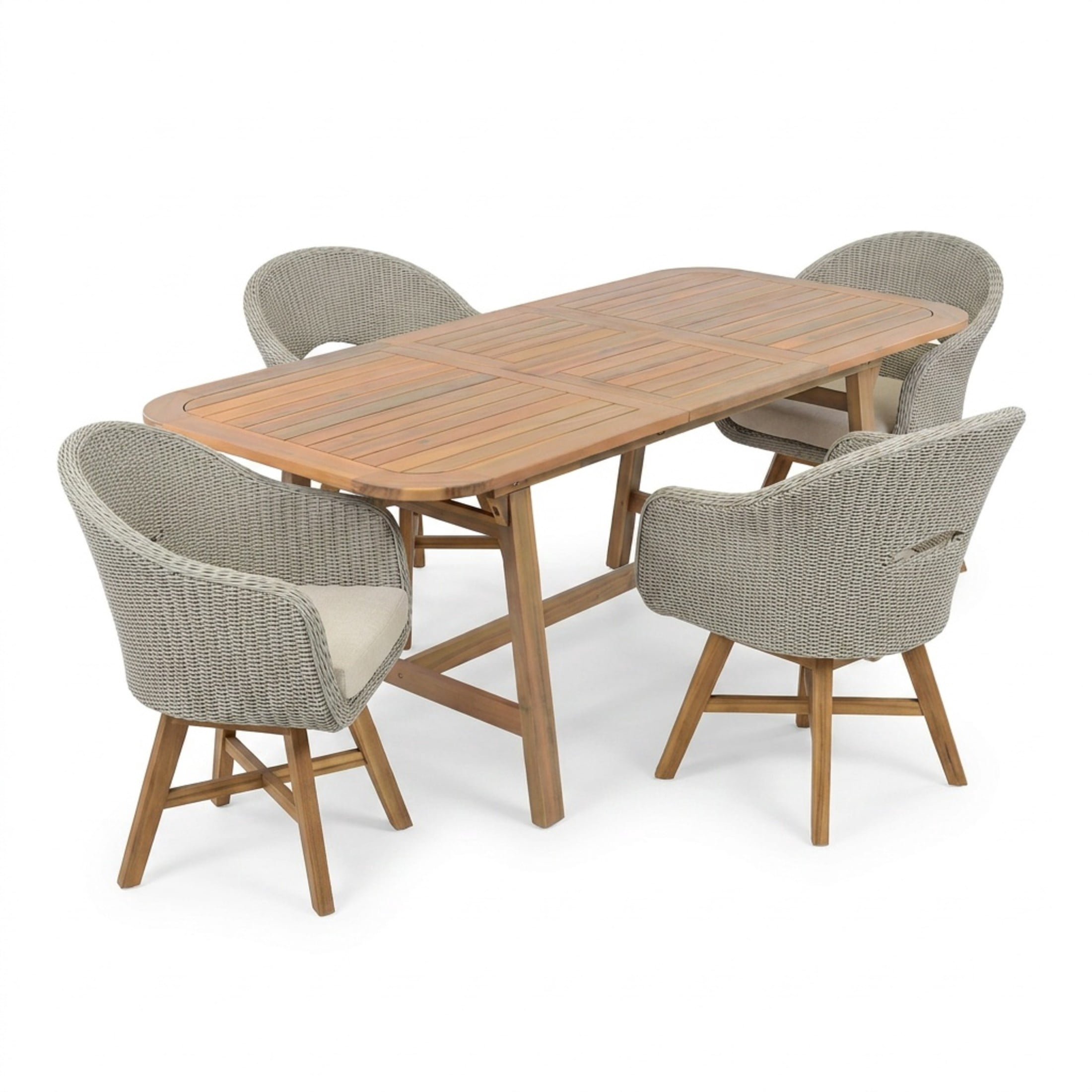 Christopher Knight Home 5-Piece Extendable Patio Dining Set, Wood Table and Rattan Chairs, Teak+Gray Ash