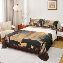Manfei Hunting Bear Full Size Sheets 4-Piece, Smoky Jungle Bed Sheets, Wild Animal Themed Sheet Sets, Ultra Soft Home Decor