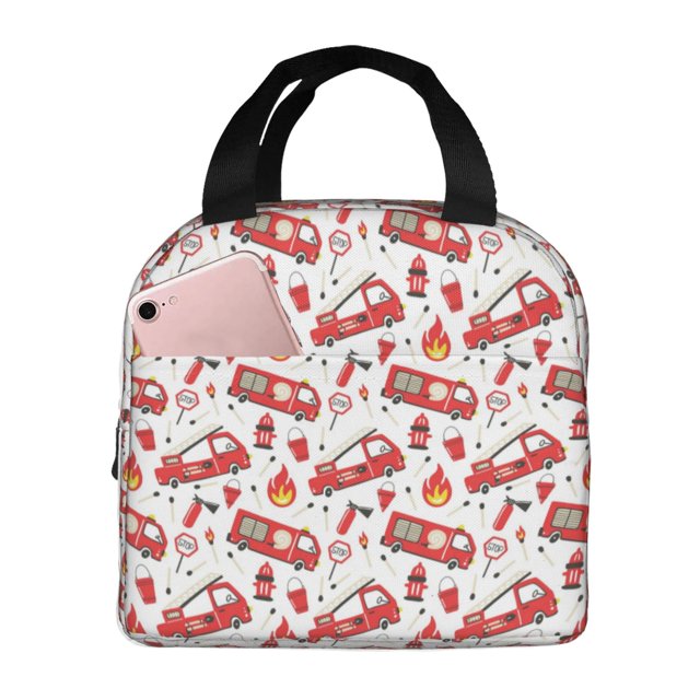Fotbe Fire Truck Bolsa Térmica con Estampado y Forro de Aluminio Grueso Bolsa de Almuerzo con Bolsillo Frontal para Hombres y Mujeres, Ideal para Trabajo, Escuela