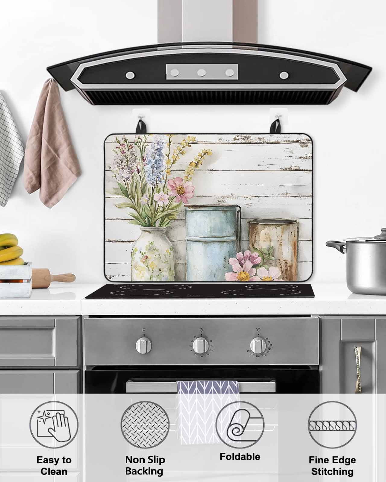 nqOlkjepod Large Induction Cooktop Protector Mat 24"x21", Farm Flowers Stove Top Covers for Electric Stove, Daisies Lavender Botanical Art Peony Wooden Stove Burner Cover Mats, Glass Top Stove Cover