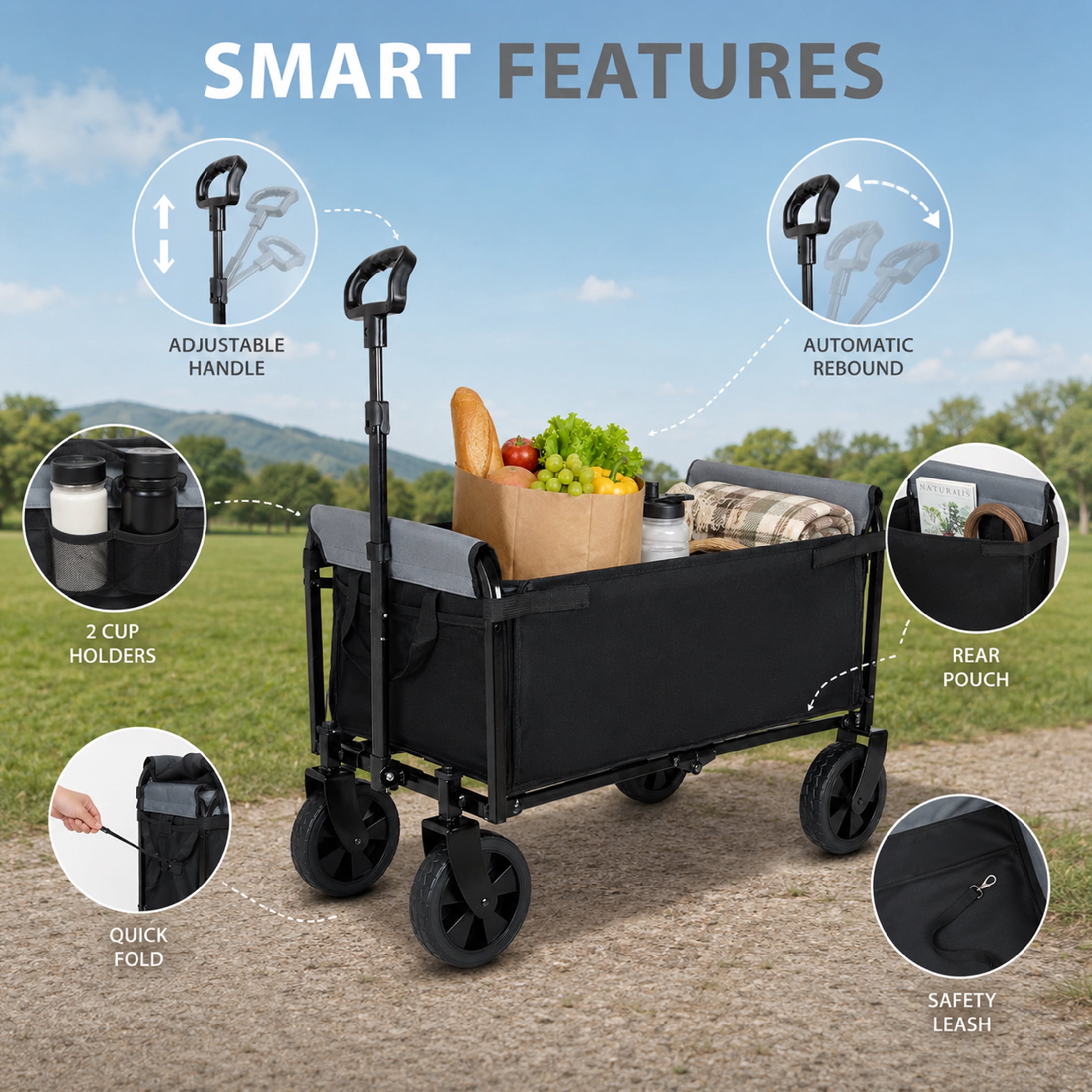 3-in-1 Collapsible Wagon with Wheels, 220 lbs Lightweight Folding Utility Cart with Cup Holders, Pet Wagon, Trunk Organizer for Groceries, Camping, Shopping, Black