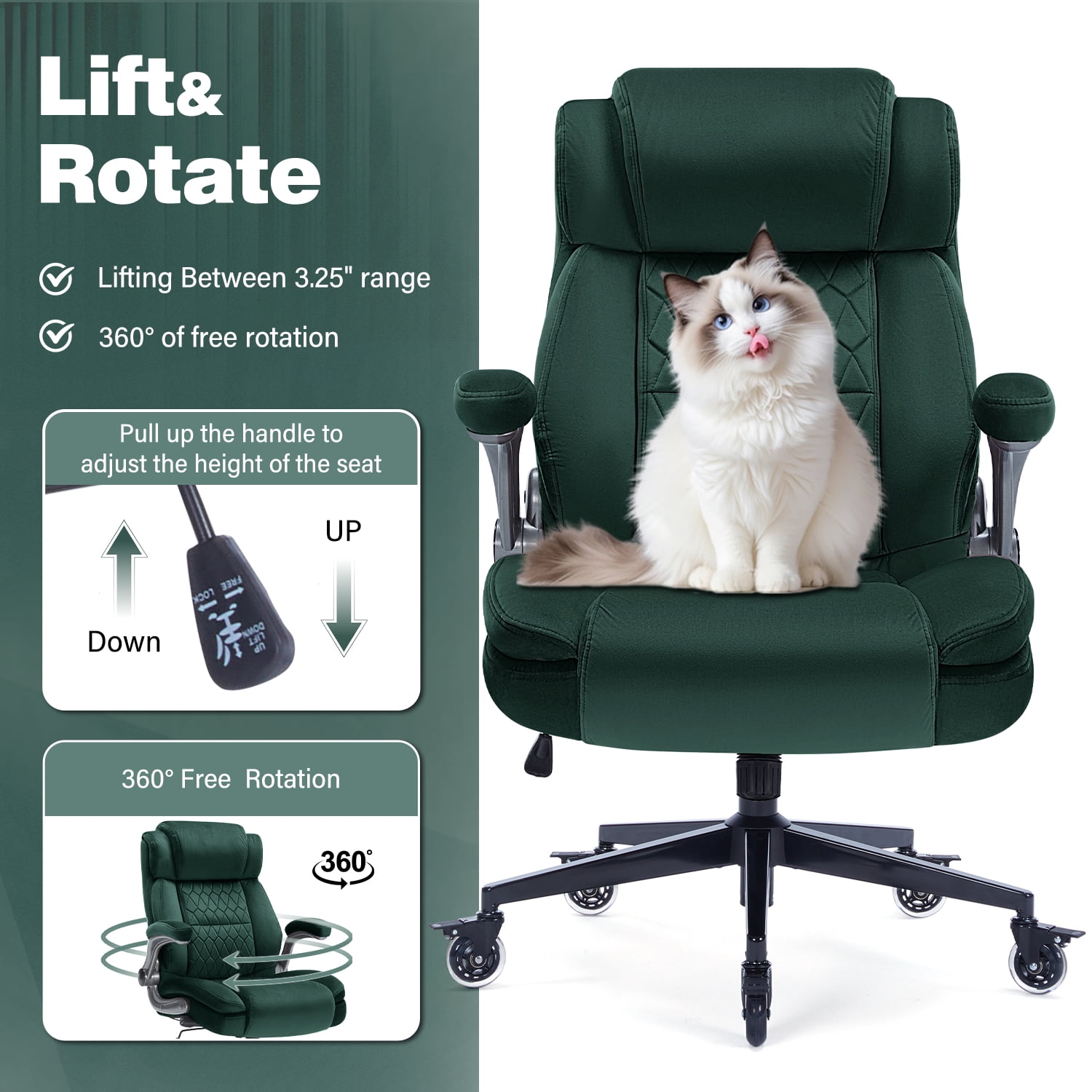 High Back Office Chair with Lockable Wheels, 400lbs Large Fabric Executive Desk Chair, Adjustable Lumbar Support Flip up Arms, Ergonomic Home Office Computer Chair with Storage Pocket, Green