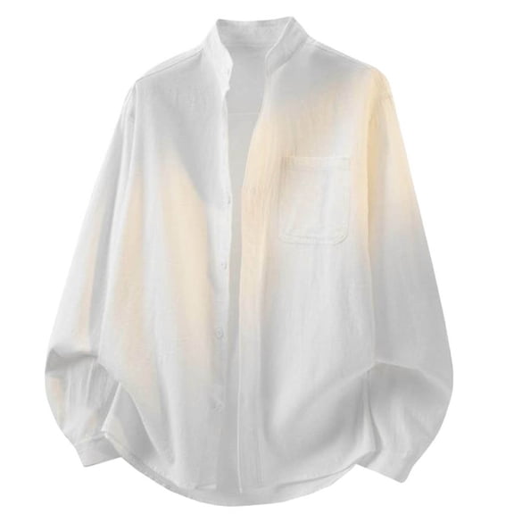 USNSM (M-5XL) Plus Size Mens Long Sleeve Band Collar Button Down Shirt Summer Casual Solid Color Pocket Cardigan Jacket Tops White XXXXXL