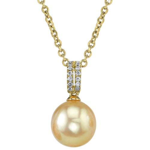 Radiance Pearl 14k Yellow Gold Golden South Sea Pearl 1 10ct TDW Diamond Pendant (9-10mm, 10-11mm, 11-12 mm) by Overstock