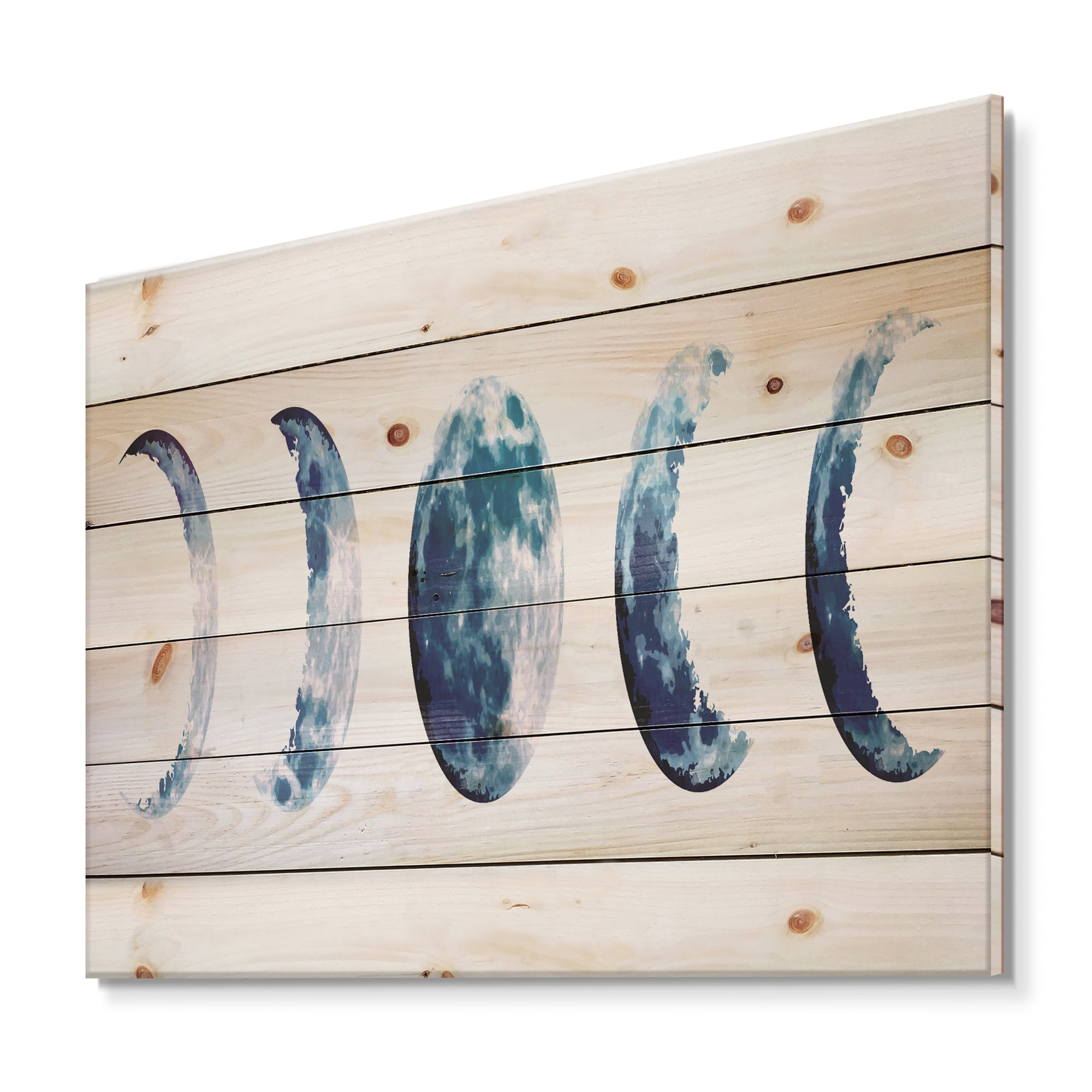 Designart 'Magic Blue Moon Phases On White' Bohemian & Eclectic Print on Natural Pine Wood