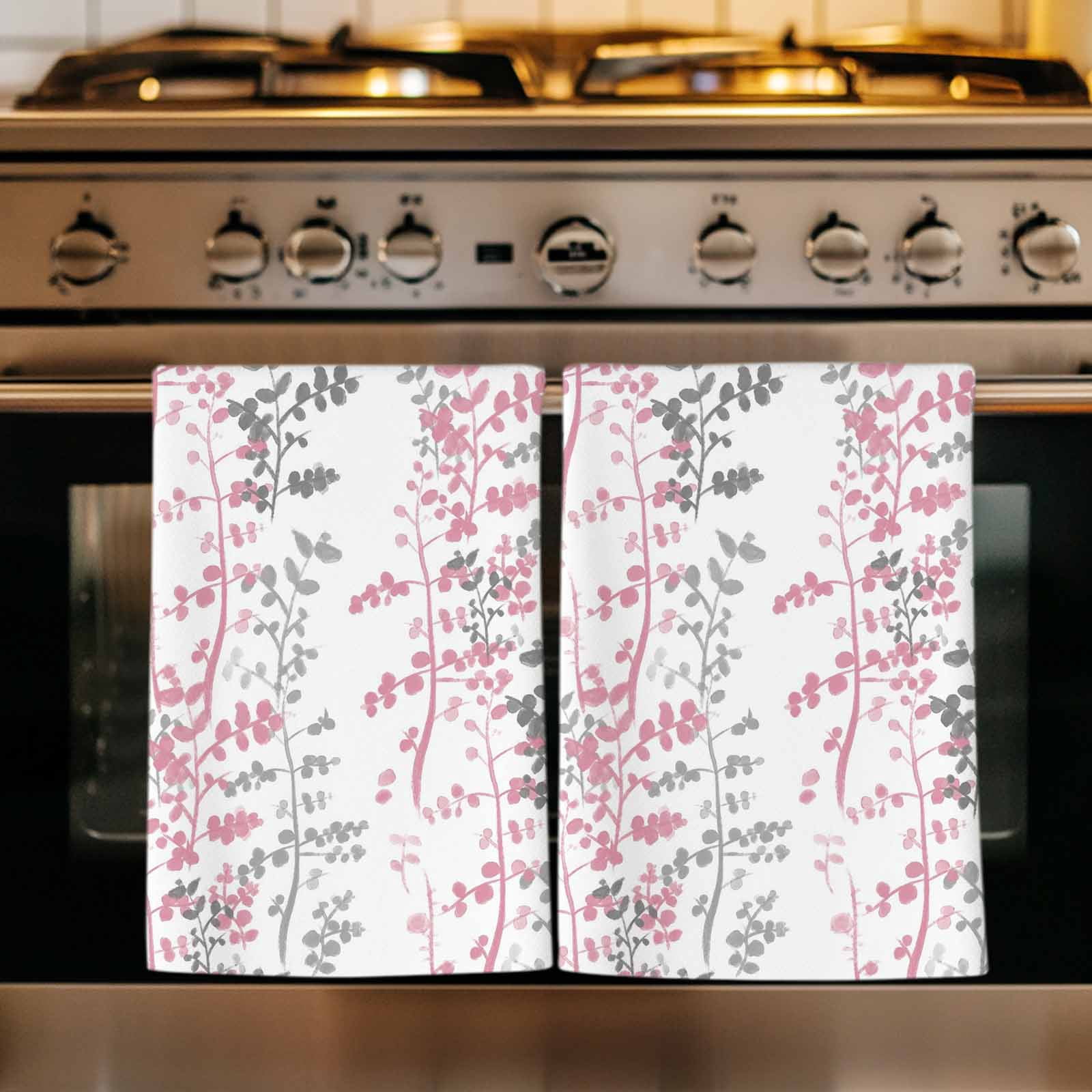 Dish Towels, Pink Leaf Absorbent Kitchen Towels 2 PCS, Grey Leaves Branches Microfiber Hand Towels Dish Cloths Tea Towels for Home&nbsp;Bathroom Cleaning Drying,18X28-Inch,