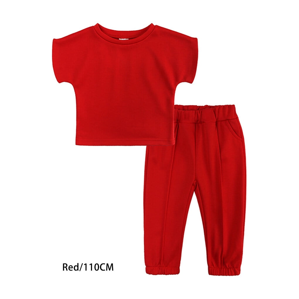 facefd Summer Girls Short Sleeve Round Neck T shirt Pants Set Casual Style Party Tops Elastic Waistline Trousers Kit Clothes Red 110cm