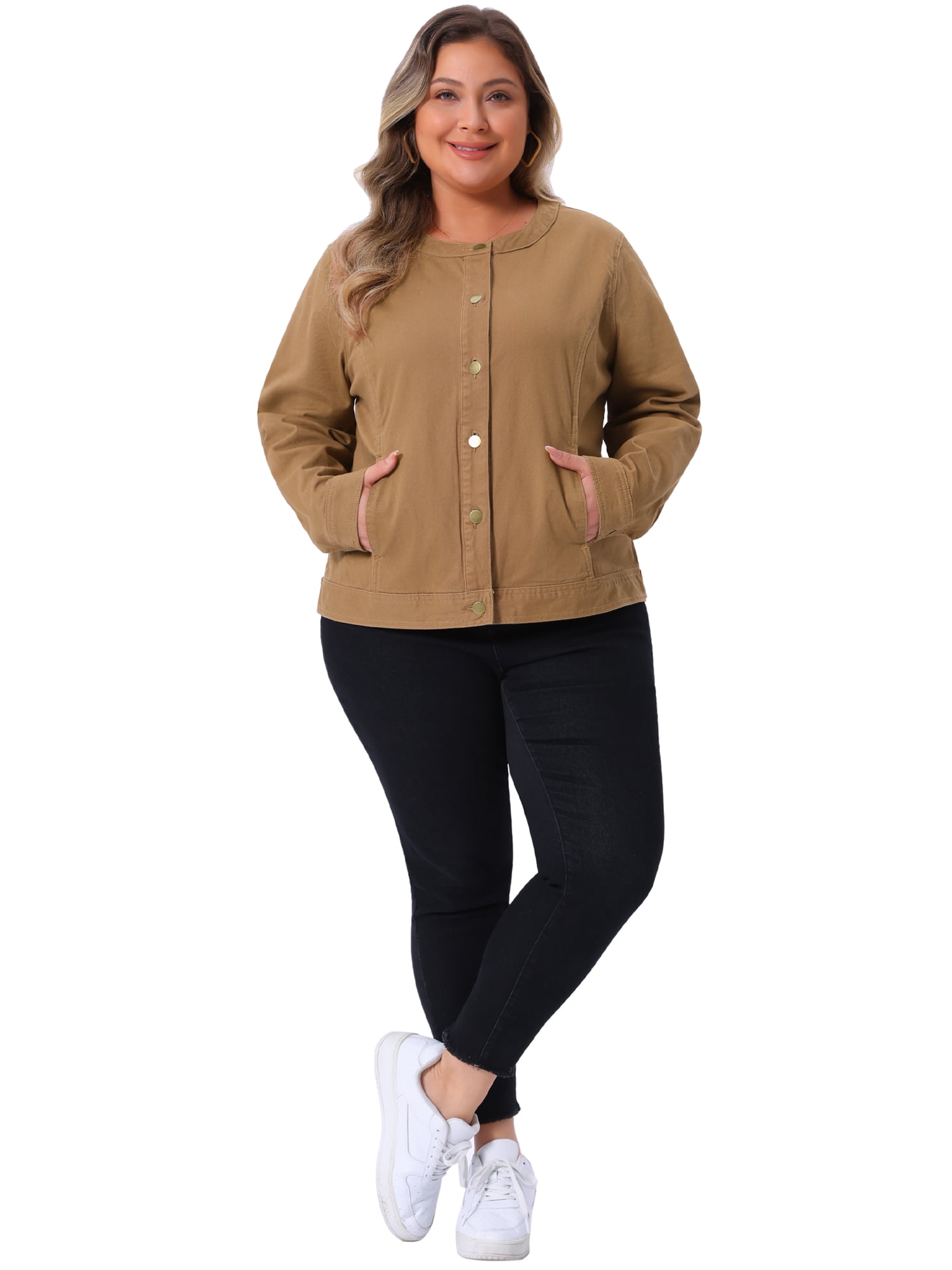 DARING DIVA Women's Plus Denim  Collarless Button Down Cargo Jean Shacket 3X Brown