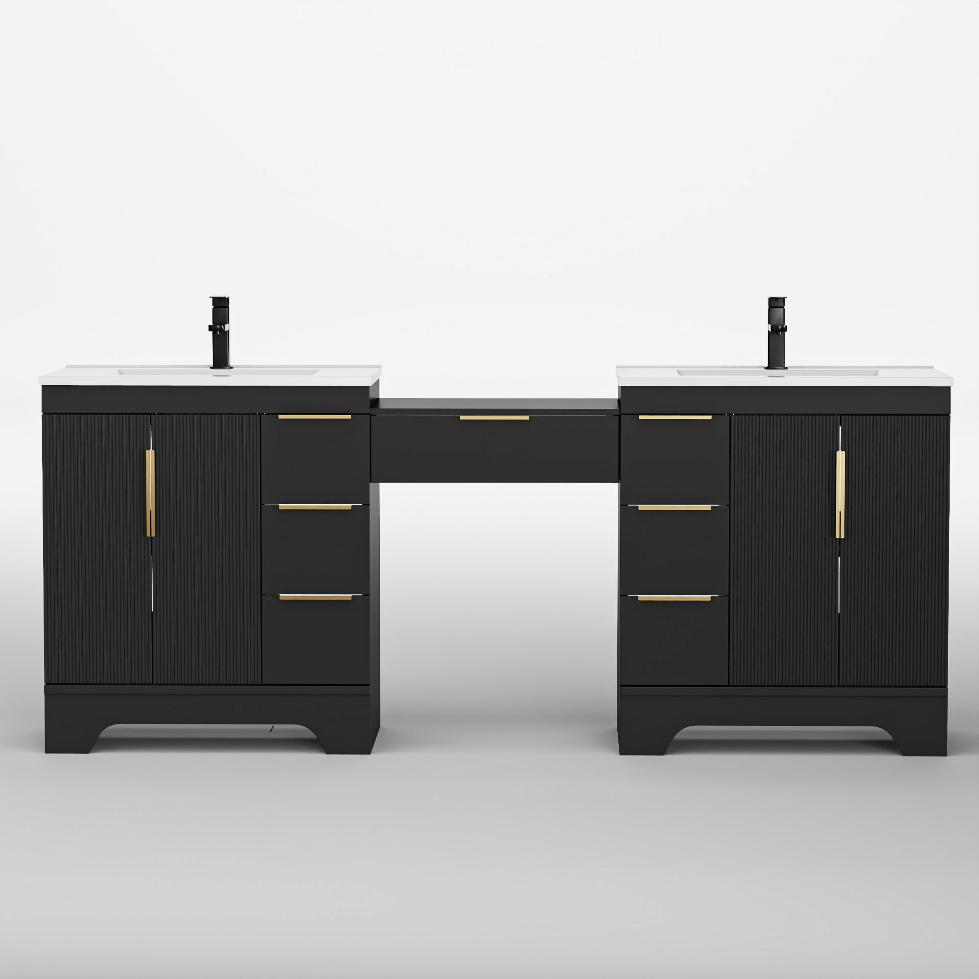 Eclife 84'' Bathroom Vanity with Double Integrated Sink, Wall-Mounted Makeup Table, Soft-Close Doors