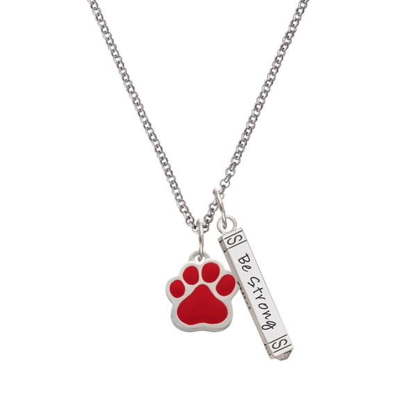 Delight Jewelry Silvertone Large Red Paw Silvertone Be Strong and Courageous Bar Charm Necklace, 23"