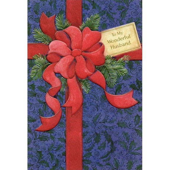 Pictura Large Red Bow, Holly on Blue Wrapped Package Husband Christmas Card