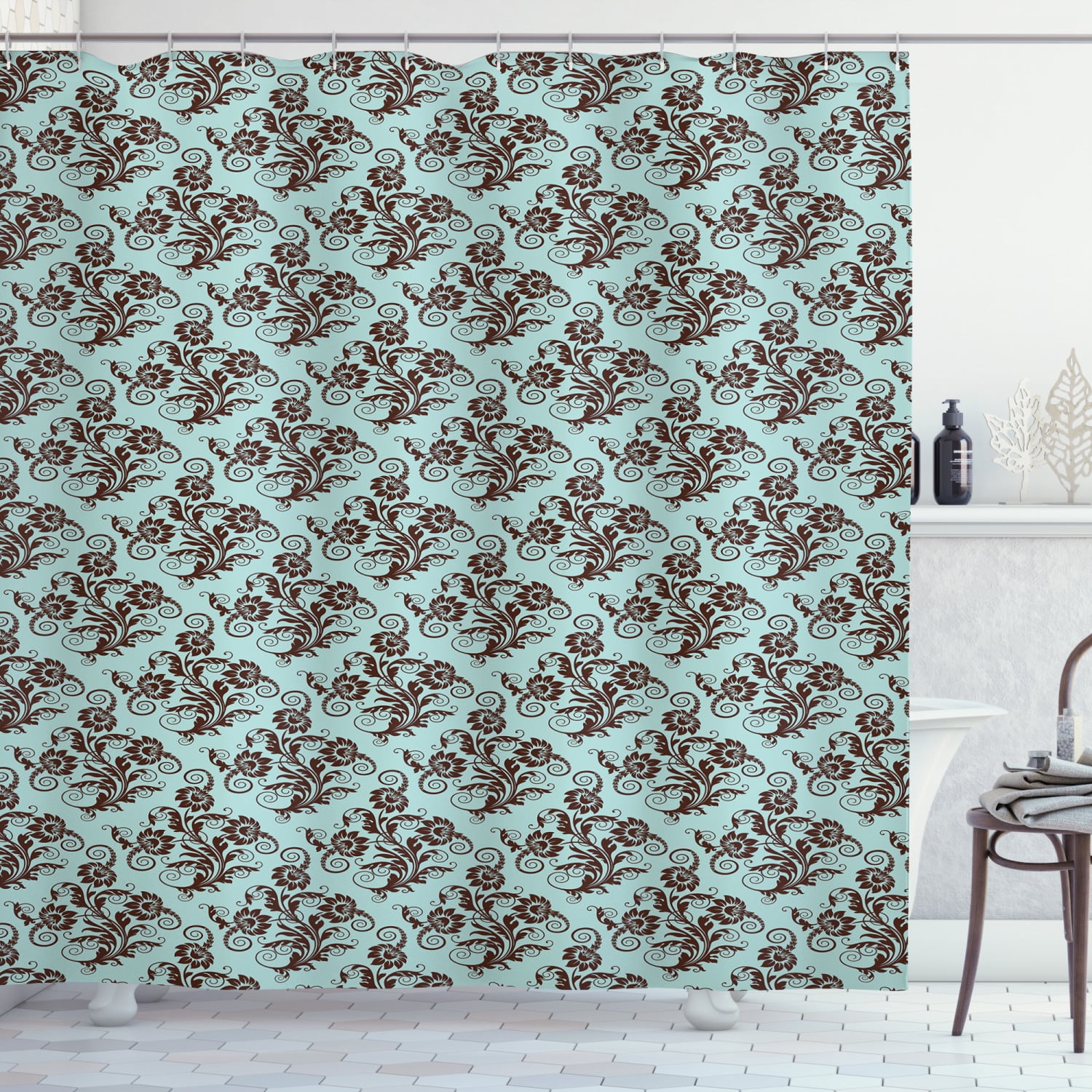 Art Nouveau Shower Curtain, Vintage Swirls Vibrant Foliage Damask Style